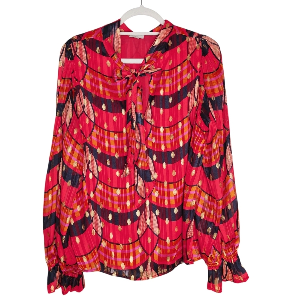 The Odells Top Sz Large Red Gold Black Sheer Balloon Sleeve Tie Front Boho Party